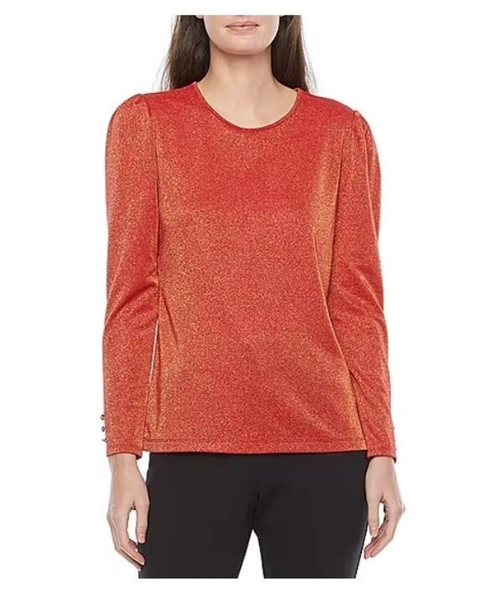 NWT Liz Claiborne Women's Red Gold Crew Neck Long Sleeve Blouse Sz XL